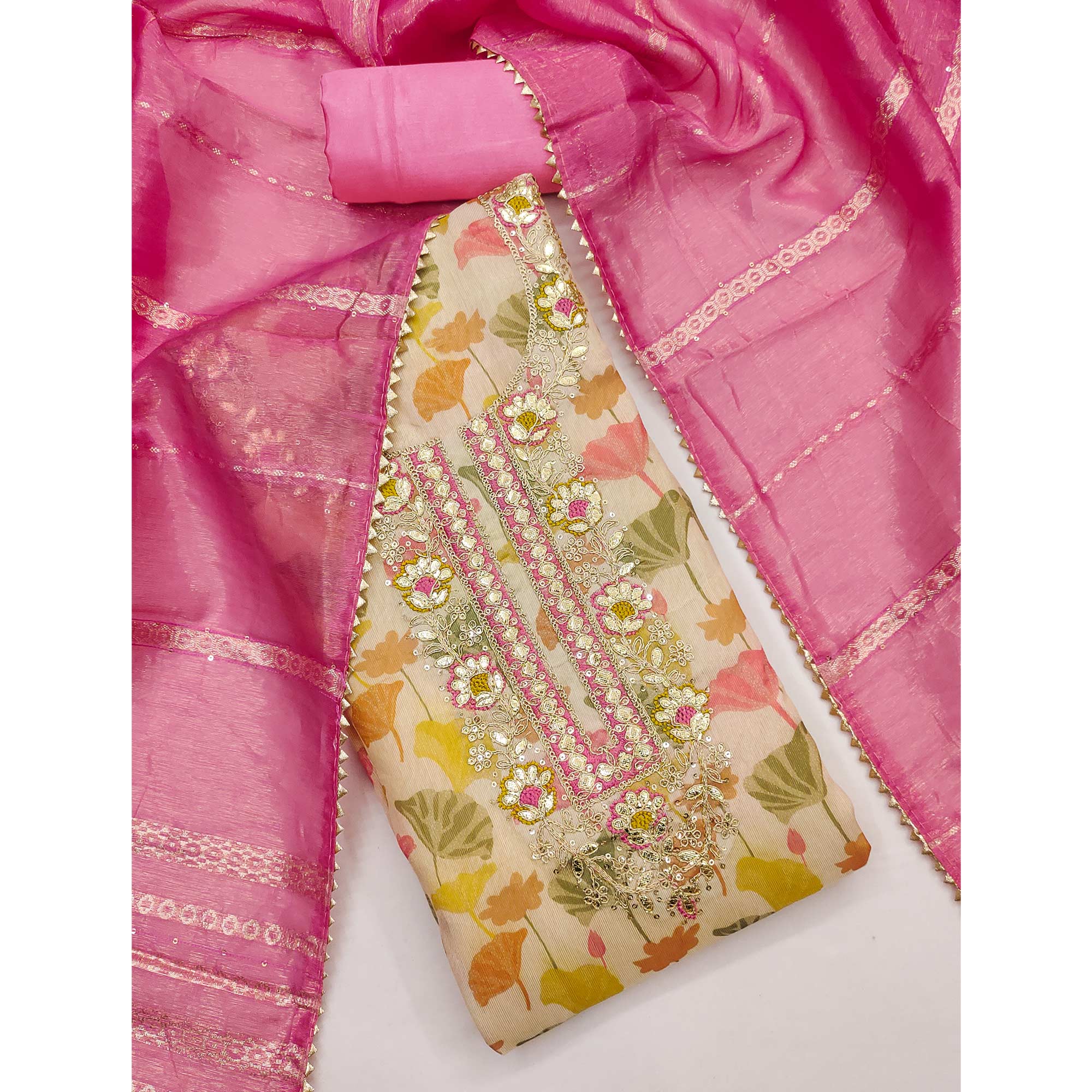 Cream & Pink Floral Printed Shimmer Silk Dress Material Enhanced With Sequins Cording Embroidery