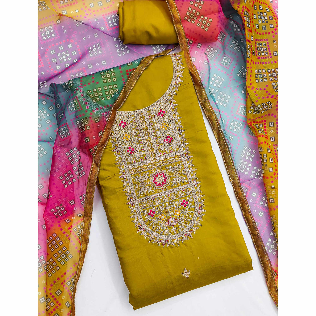Dark Mustard Roman Chanderi Silk Dress Material With Elegant Sequins & Cording Embroidery Work