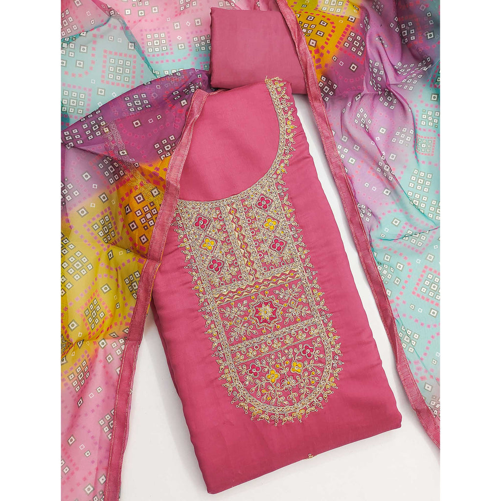 Gajari Pink Roman Chanderi Silk Dress Material With Elegant Sequins & Cording Embroidery Work