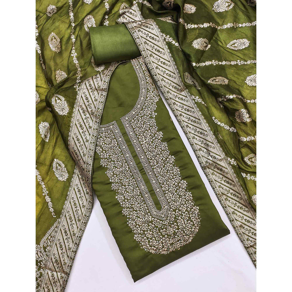 Green Roman Chanderi Silk Dress Material With Elegant Floral & Cording Embroidery Work