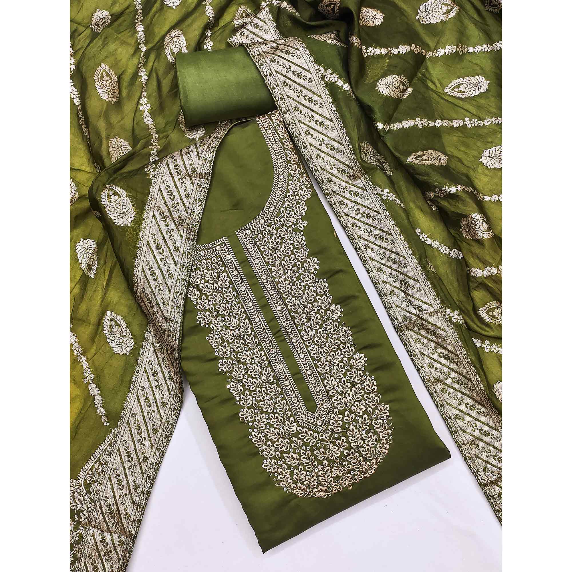 Green Roman Chanderi Silk Dress Material With Elegant Floral & Cording Embroidery Work