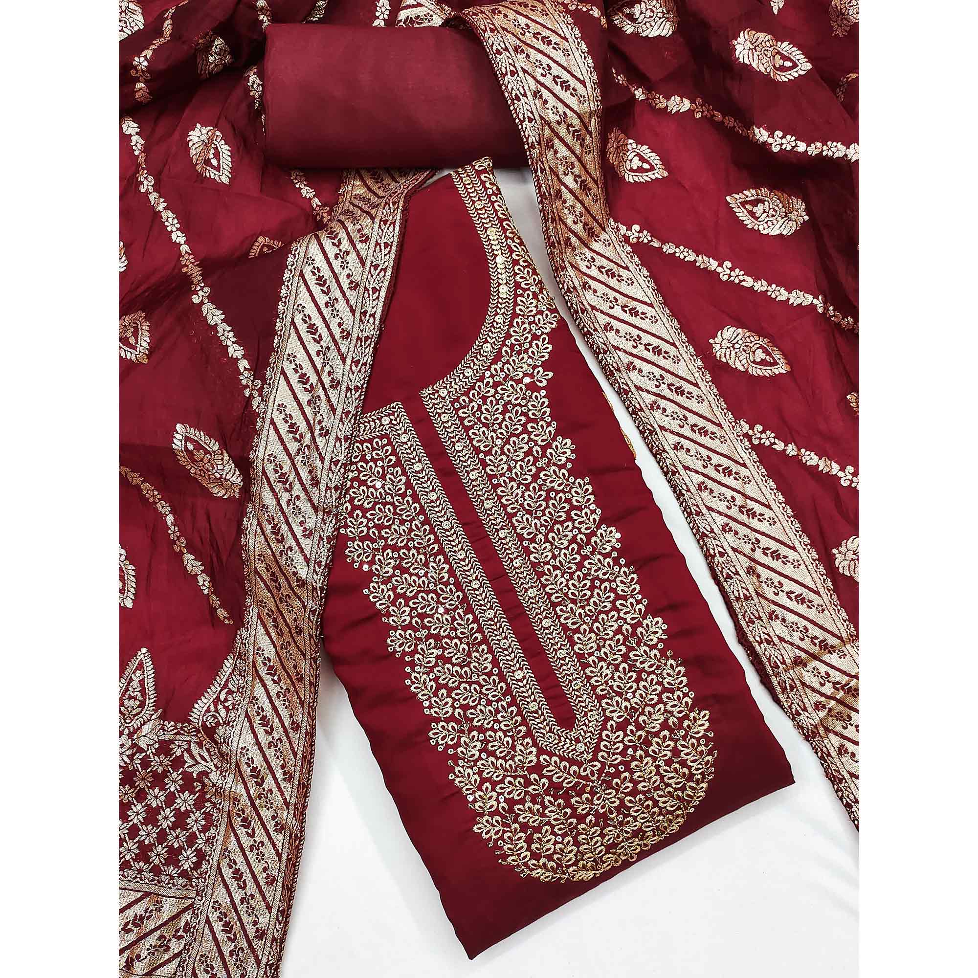 Maroon Roman Chanderi Silk Dress Material With Elegant Floral & Cording Embroidery Work