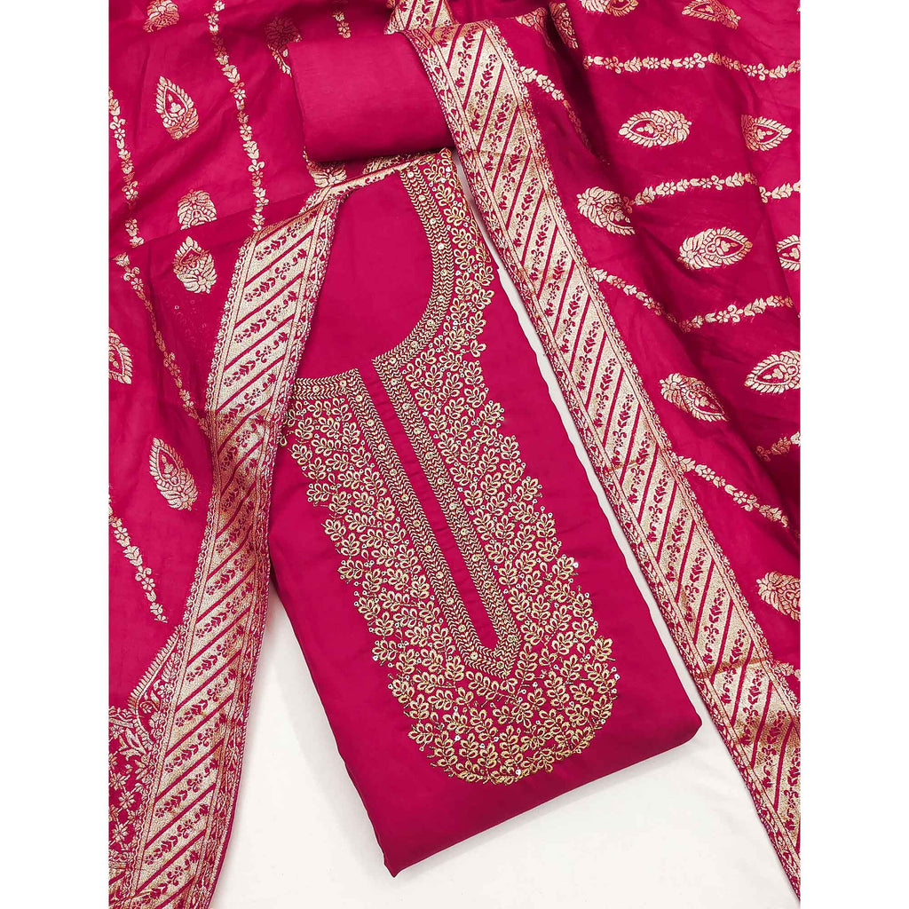 Pink Roman Chanderi Silk Dress Material With Elegant Floral & Cording Embroidery Work