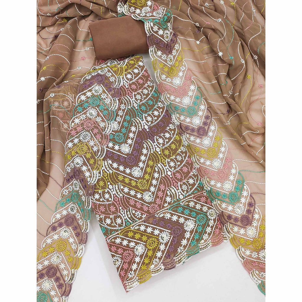 Brown Dress Material In Rich Jacquard With Intricate Heavy Embroidery