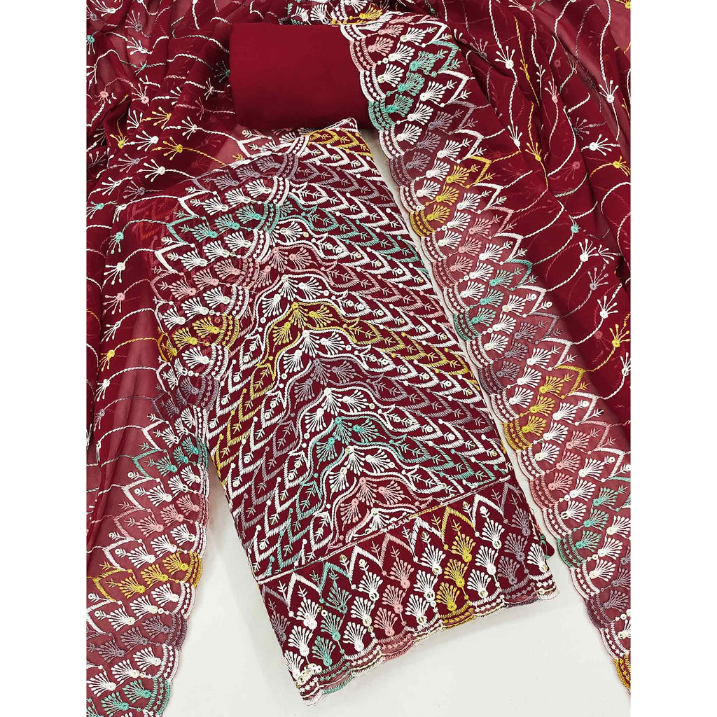 Maroon Dress Material In Rich Jacquard With Intricate Heavy Embroidery