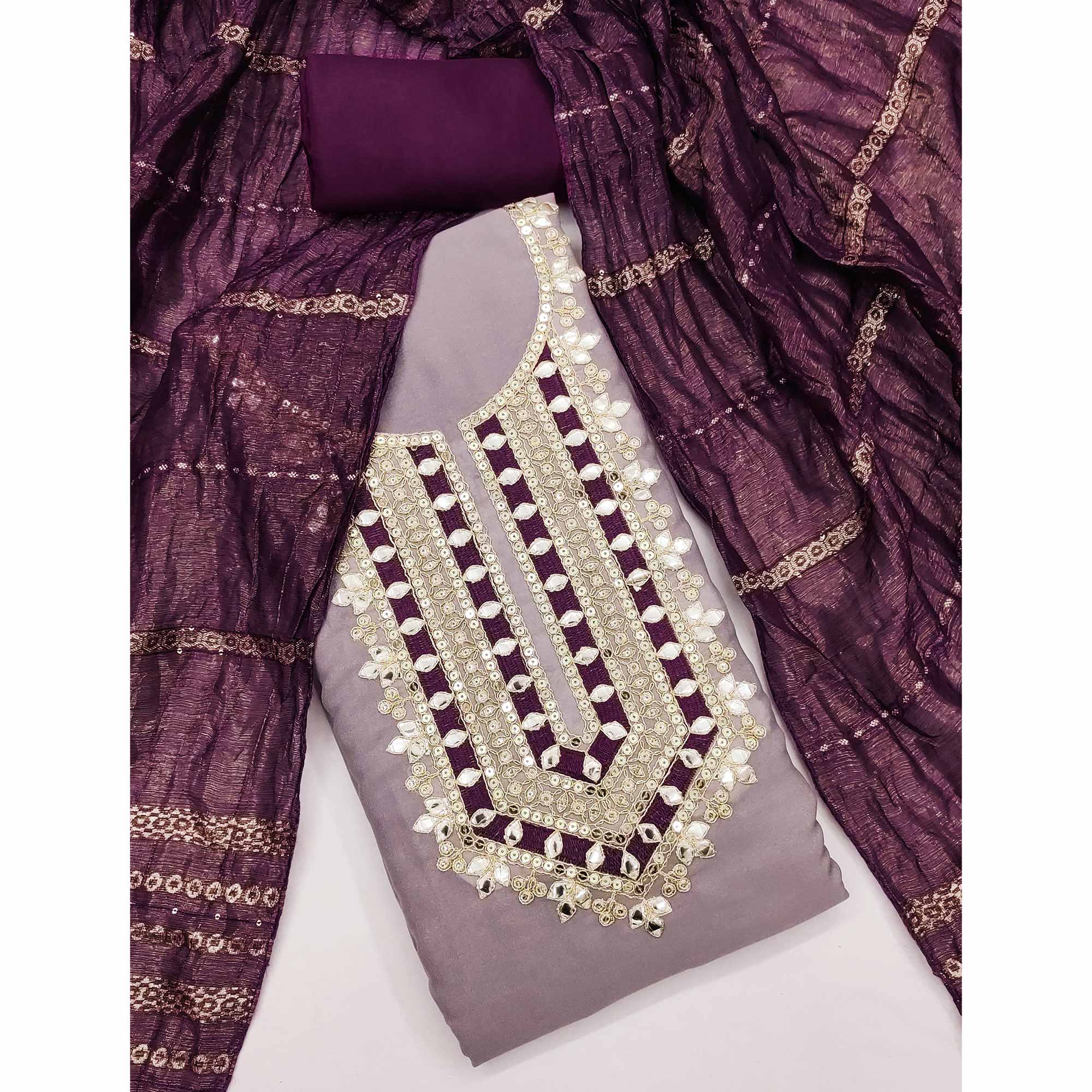 Lavender Georgette Suit Material with Beautiful Thread Work Embroidery