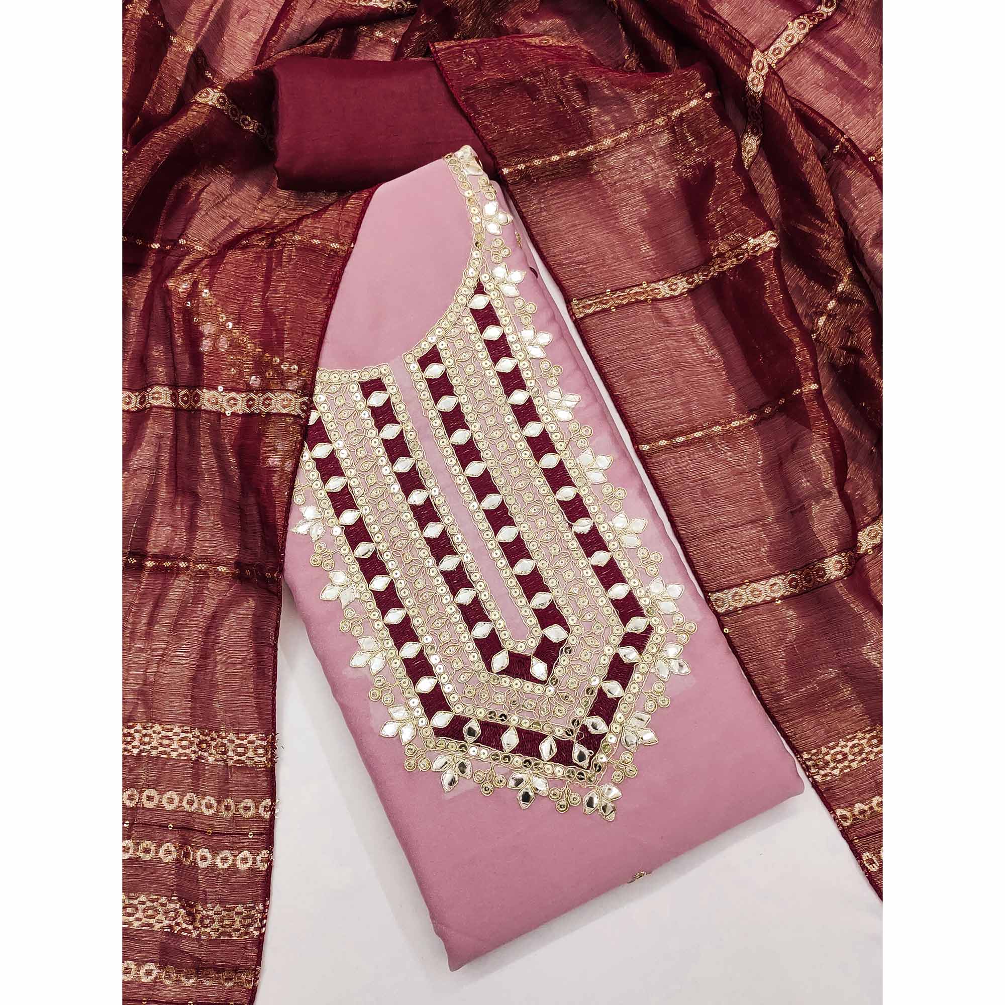 Pink Georgette Suit Material with Beautiful Thread Work Embroidery