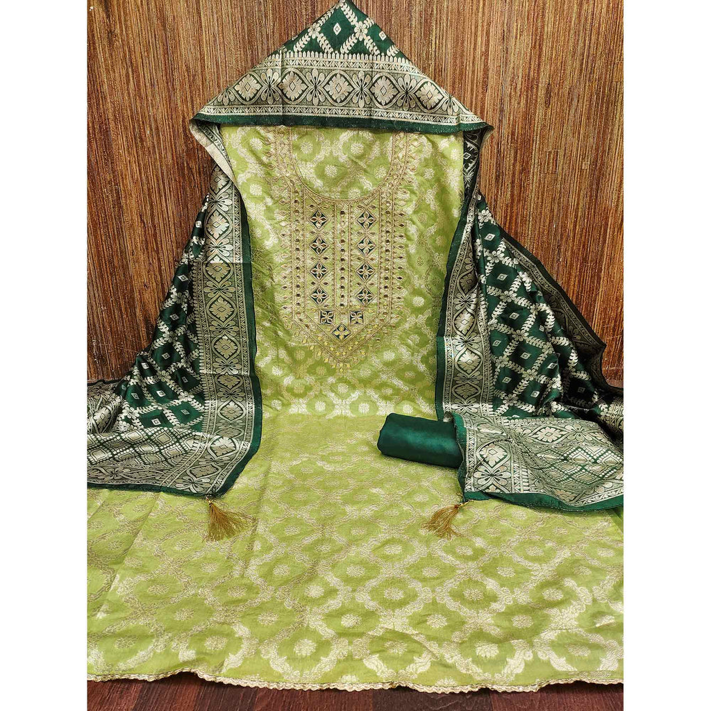 Green Floral Weaving Jacquard Dress Material With Cording & Gota Patti Work
