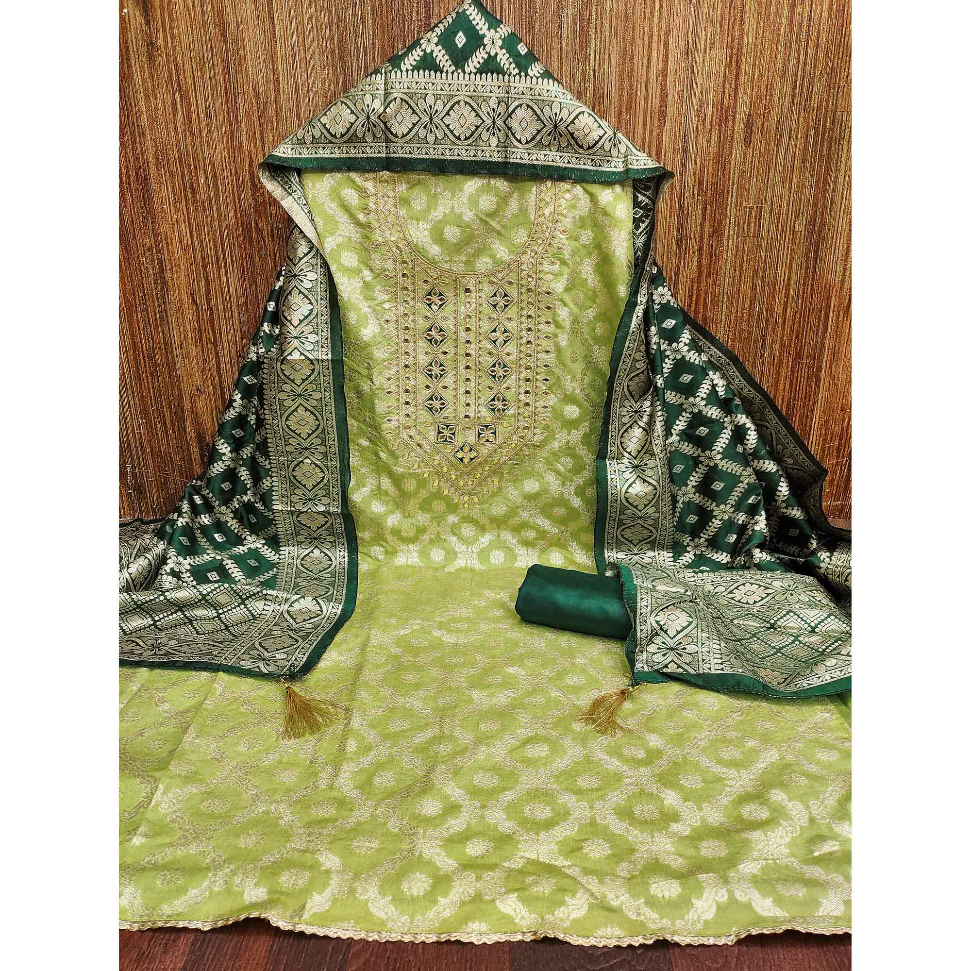 Green Floral Weaving Jacquard Dress Material With Cording & Gota Patti Work