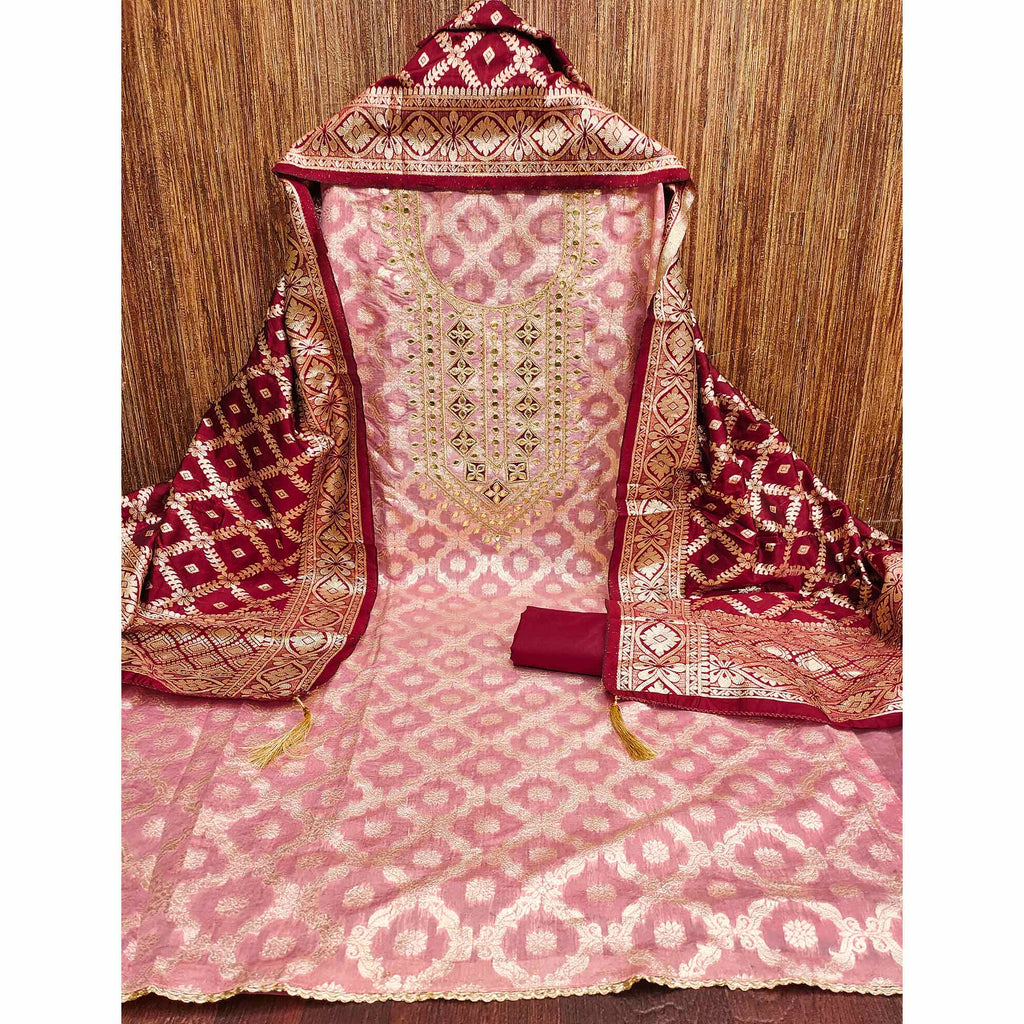 Pink Floral Weaving Jacquard Dress Material With Cording & Gota Patti Work