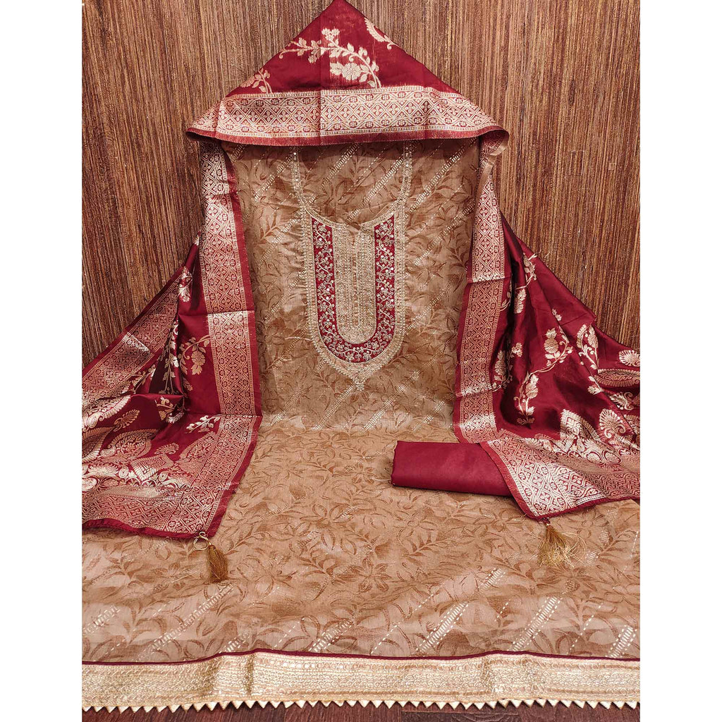 Dusty Peach Printed Chanderi Silk Dress Material With Elegant Sequins & Cording Embroidery