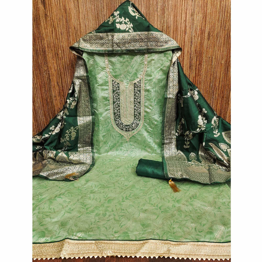 Green Printed Chanderi Silk Dress Material With Elegant Sequins & Cording Embroidery