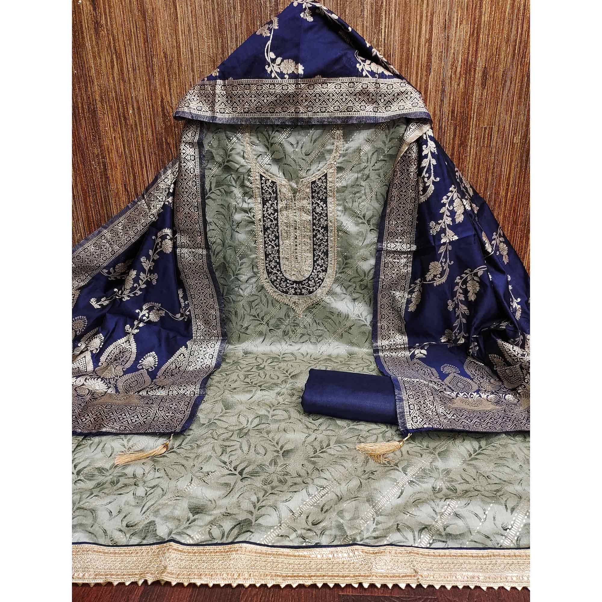 Grey Printed Chanderi Silk Dress Material With Elegant Sequins & Cording Embroidery