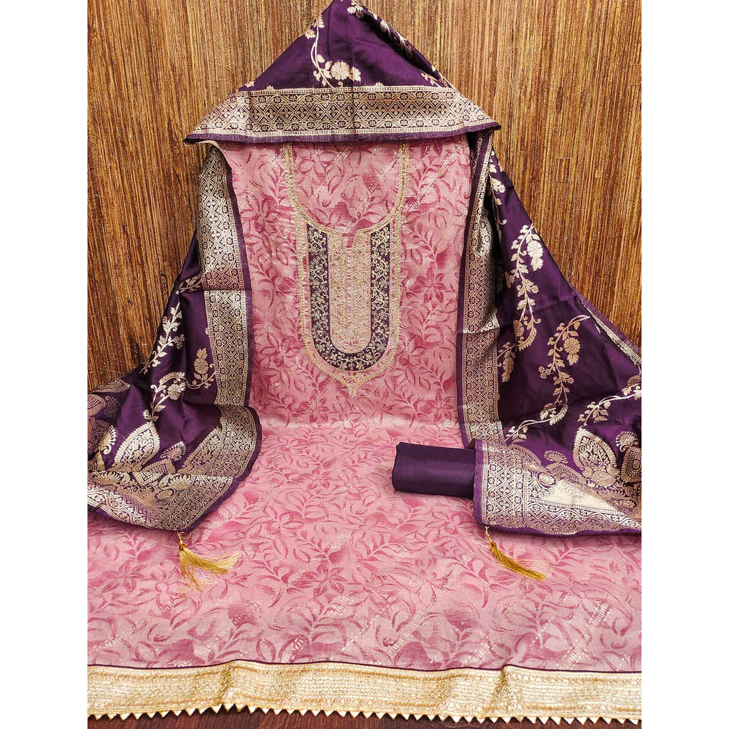 Pink Printed Chanderi Silk Dress Material With Elegant Sequins & Cording Embroidery