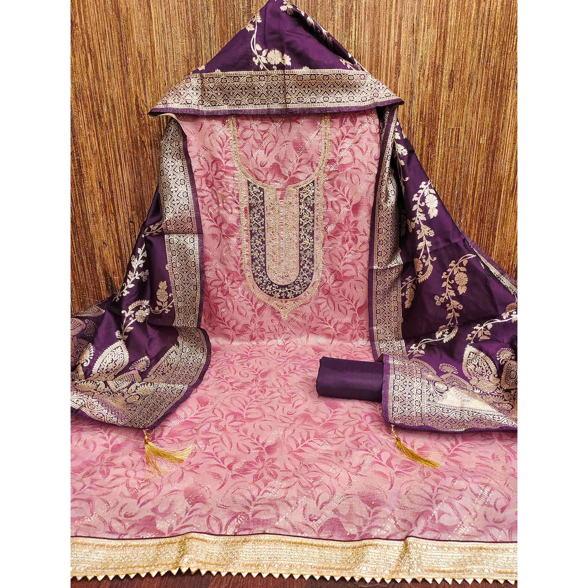 Pink Printed Chanderi Silk Dress Material With Elegant Sequins & Cording Embroidery