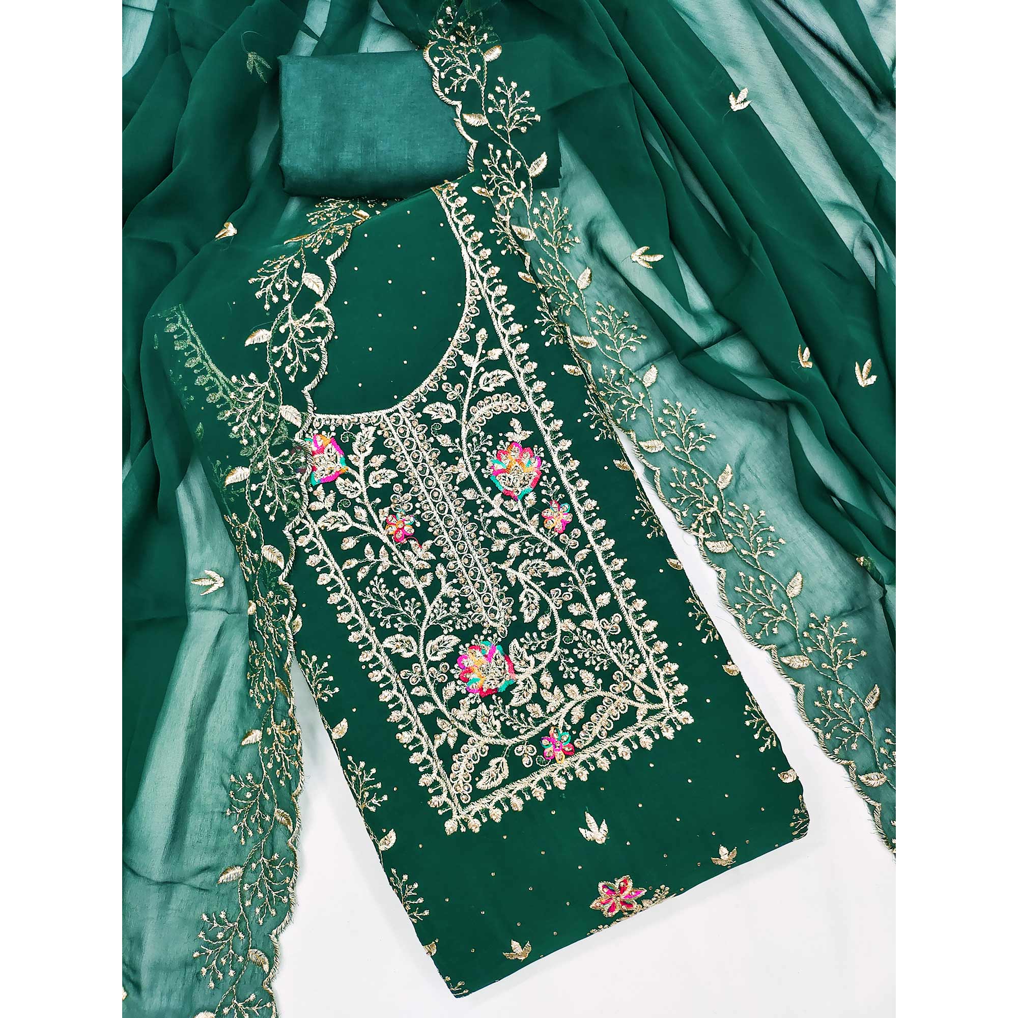 Green Georgette Dress Material With Floral Embroidery & Sparkling Stone Work