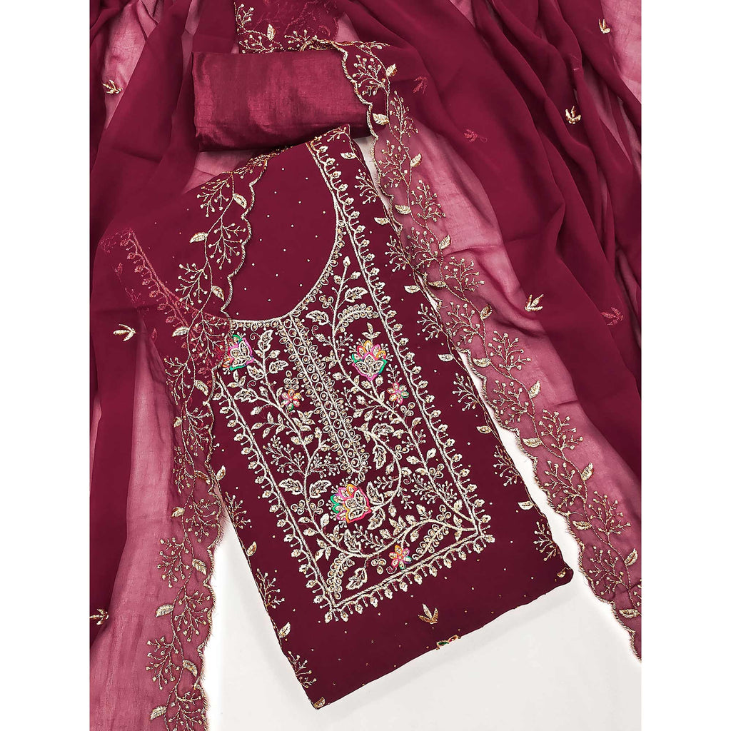 Maroon Georgette Dress Material With Floral Embroidery & Sparkling Stone Work