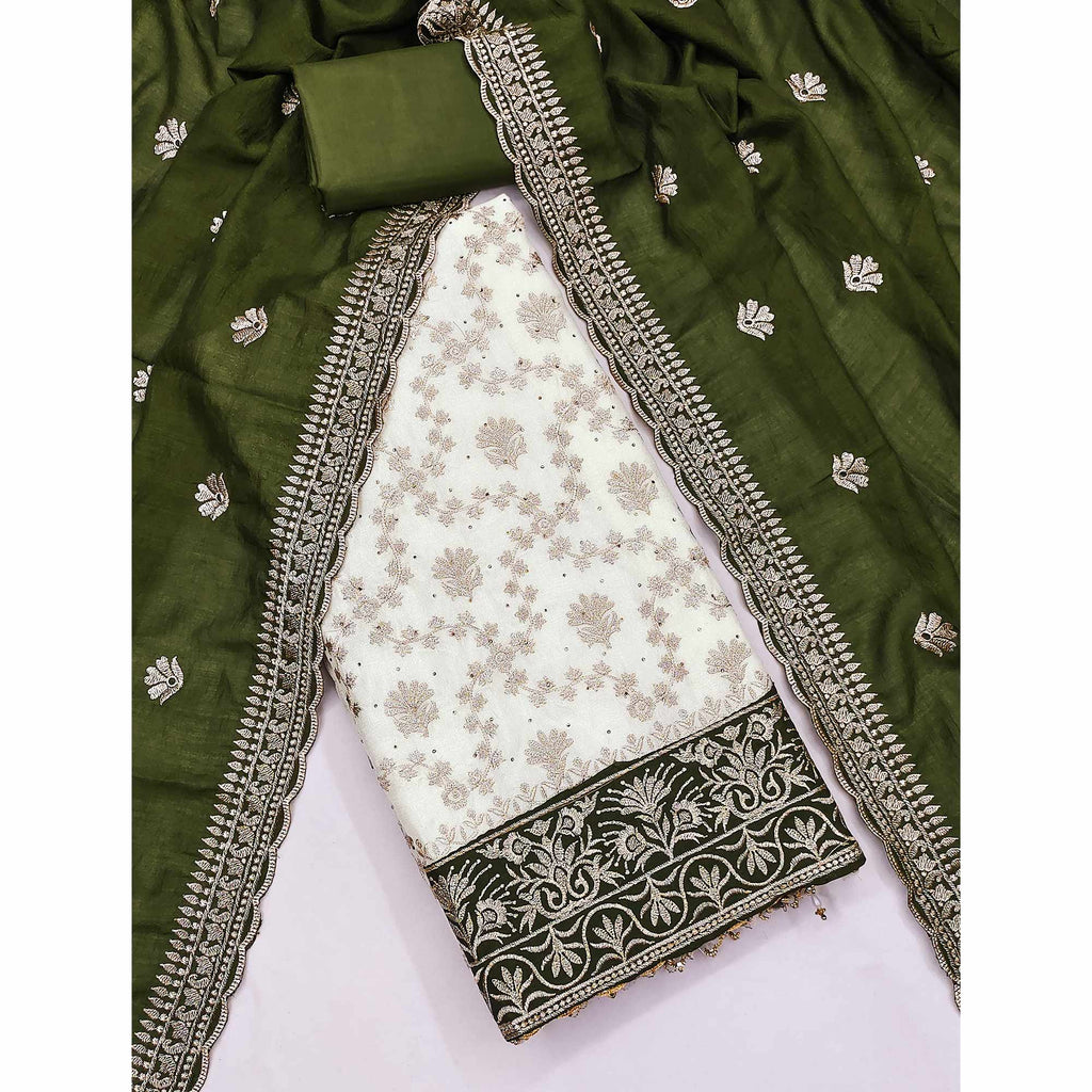 Offwhite & Green Vichitra Silk Dress Material With Intricate Floral Zari Work