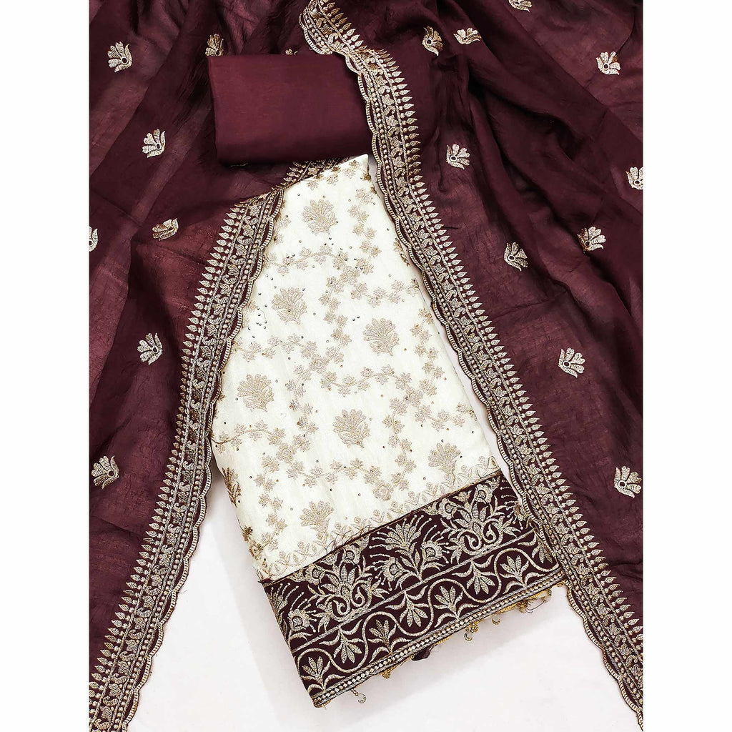 Offwhite & Maroon Vichitra Silk Dress Material With Intricate Floral Zari Work