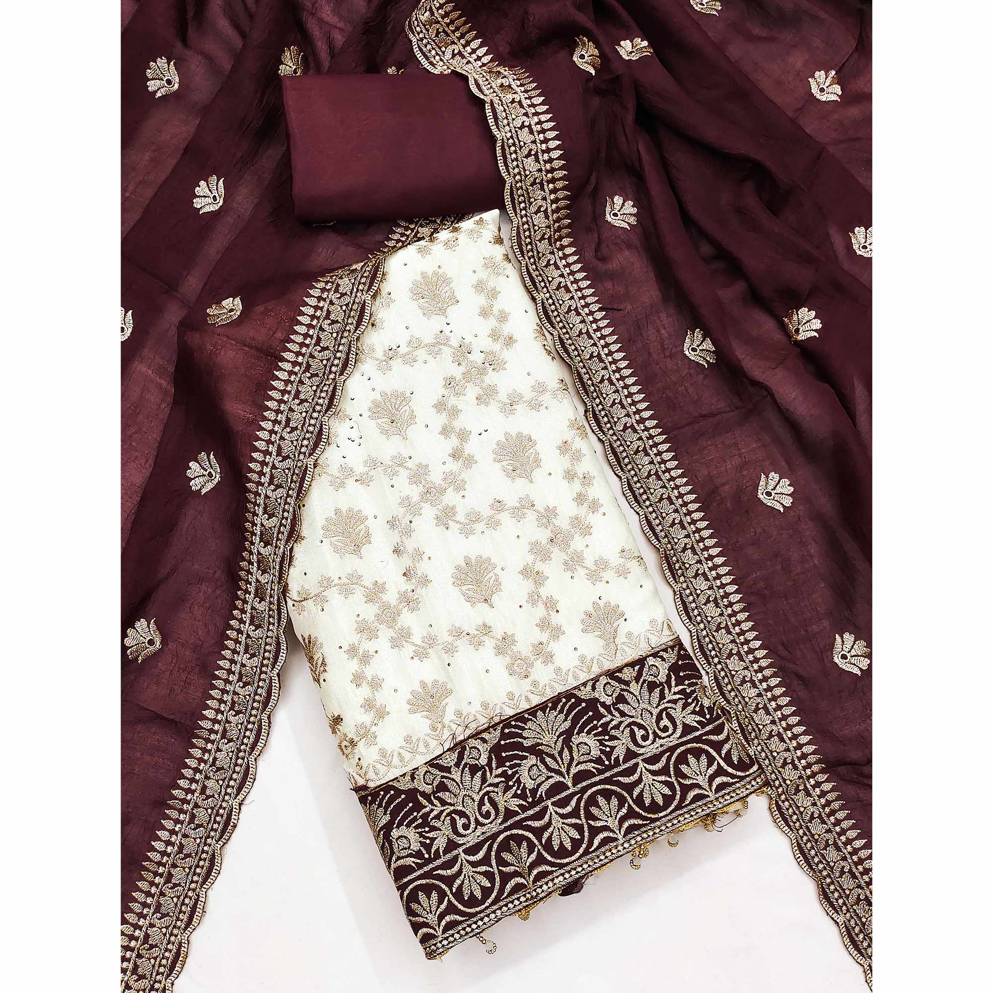 Offwhite & Maroon Vichitra Silk Dress Material With Intricate Floral Zari Work