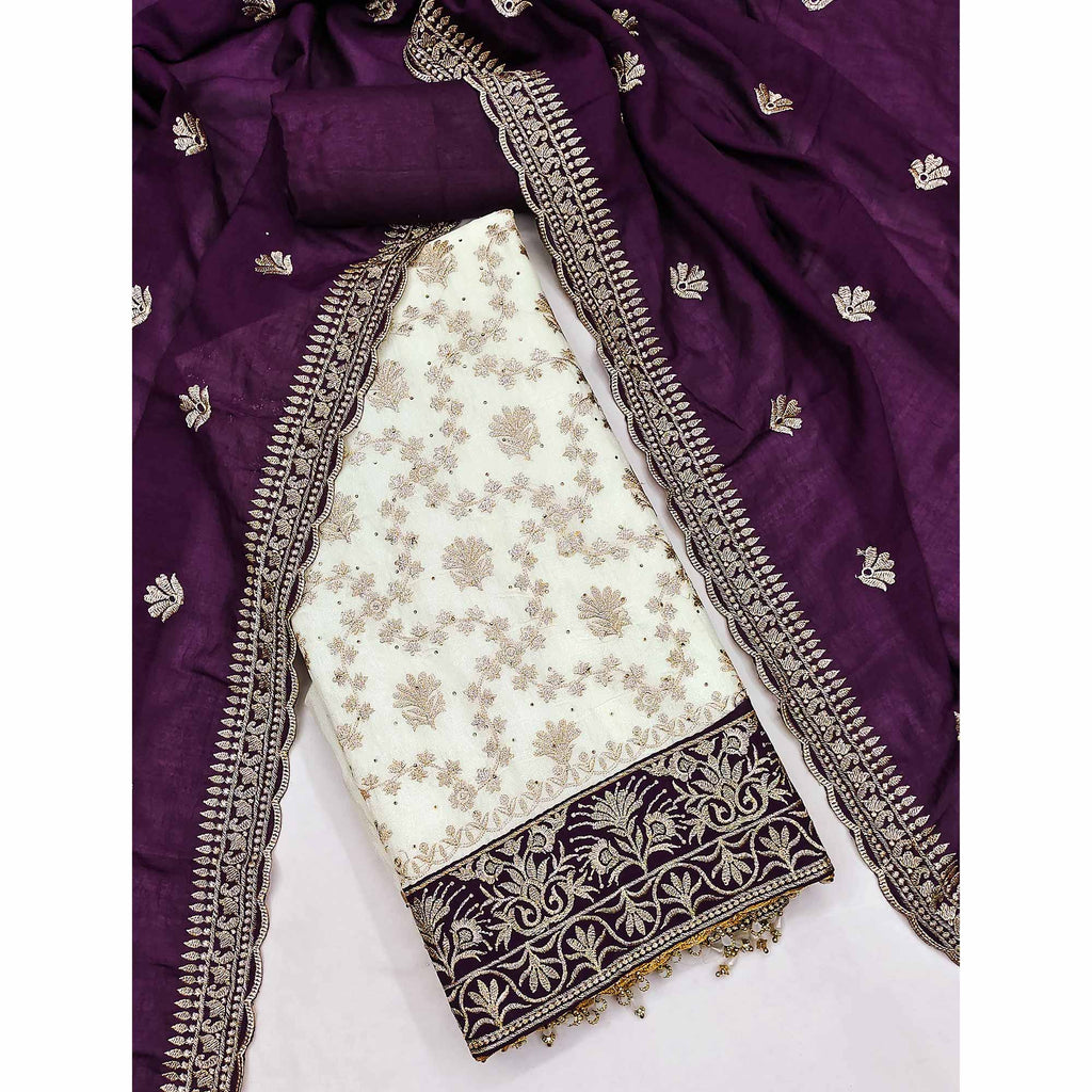 Offwhite & Wine Vichitra Silk Dress Material With Intricate Floral Zari Work