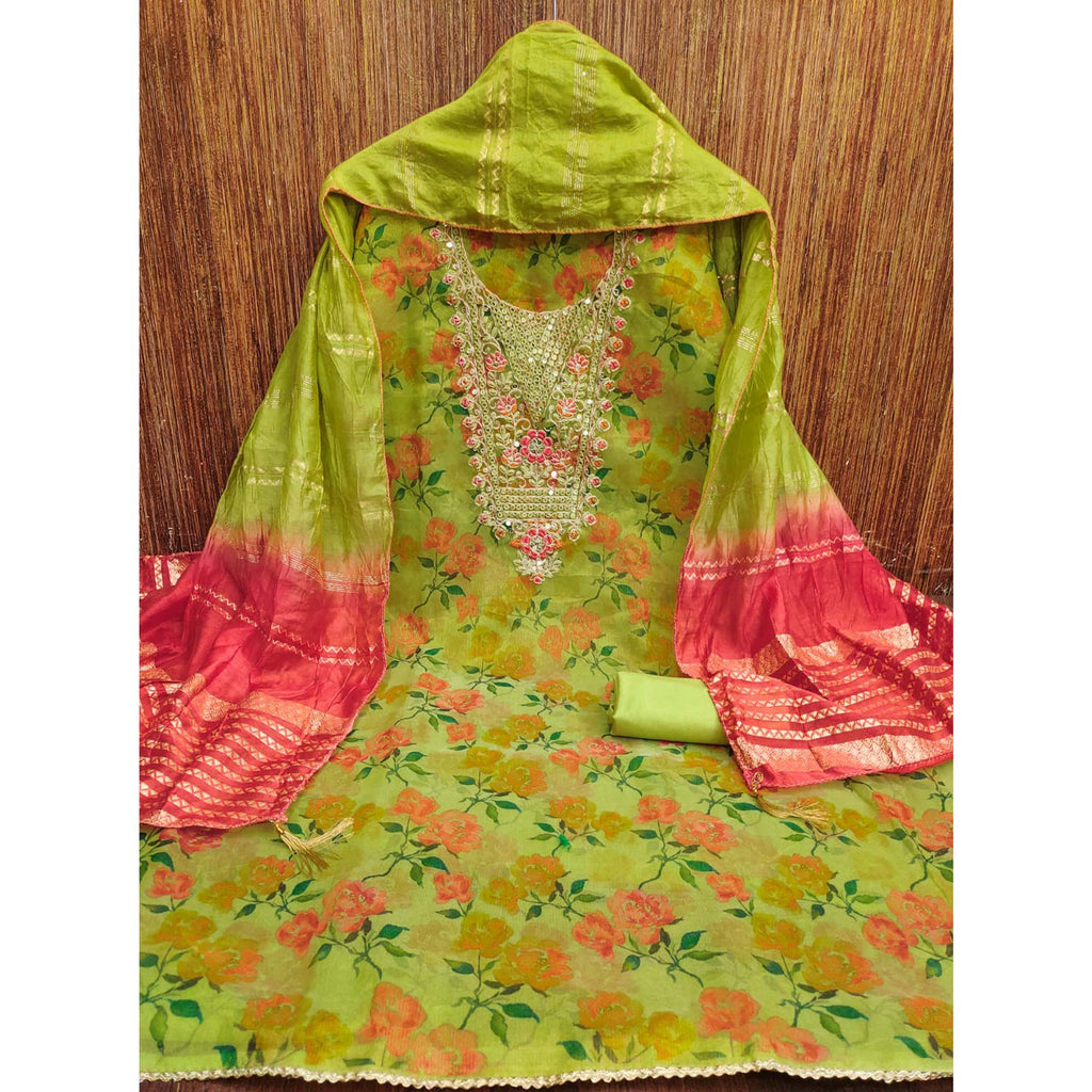 Green Floral Printed Dress Material With Elegant Embroidery on Shimmer Jacquard