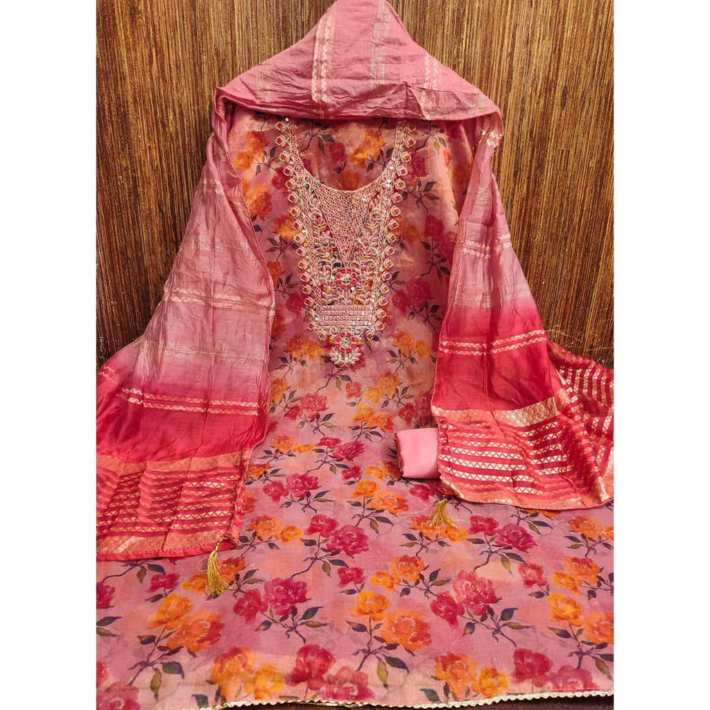 Peach Floral Printed Dress Material With Elegant Embroidery on Shimmer Jacquard