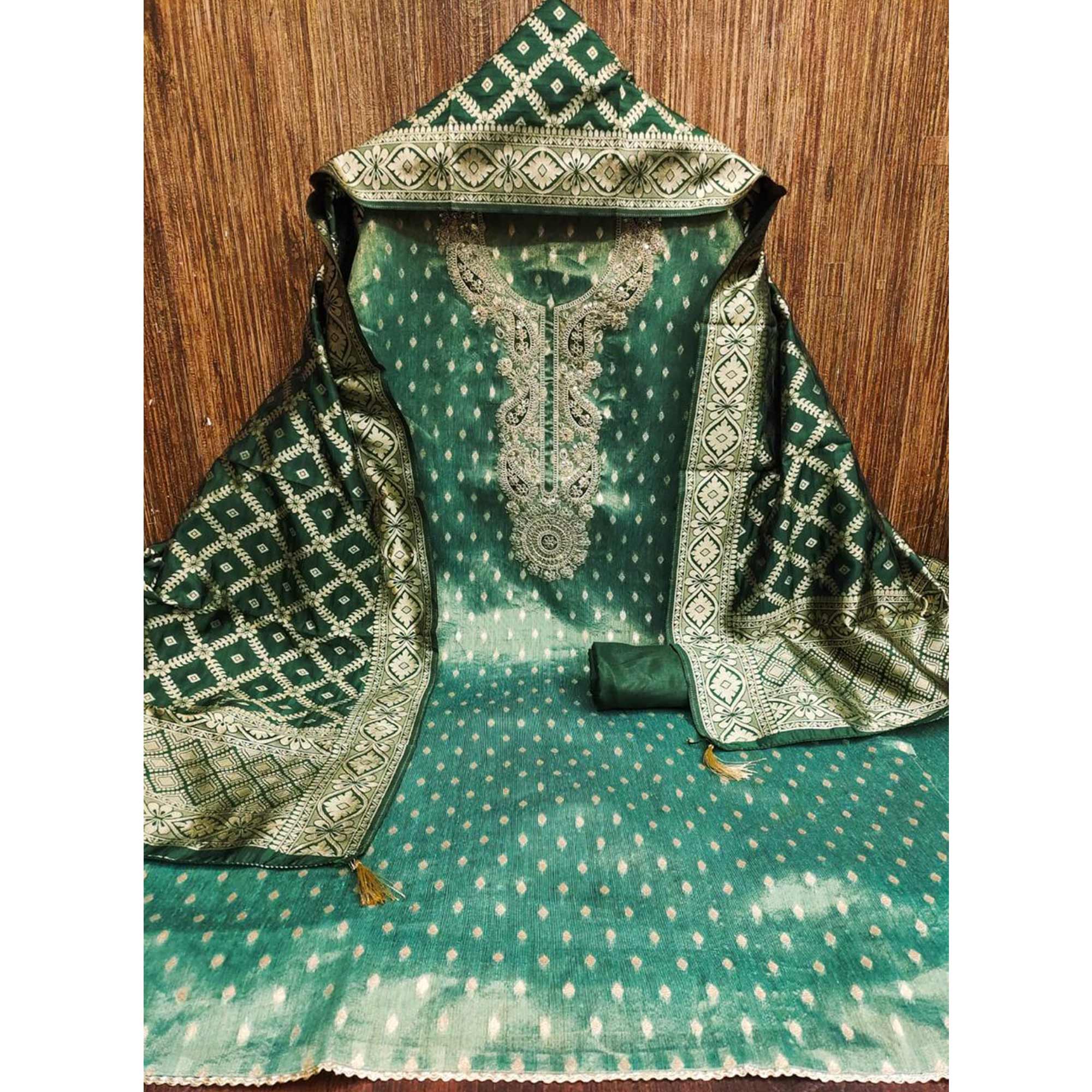 Green Shimmer Jacquard Dress Material With Elegant Weaving & Cording Embroidery Work