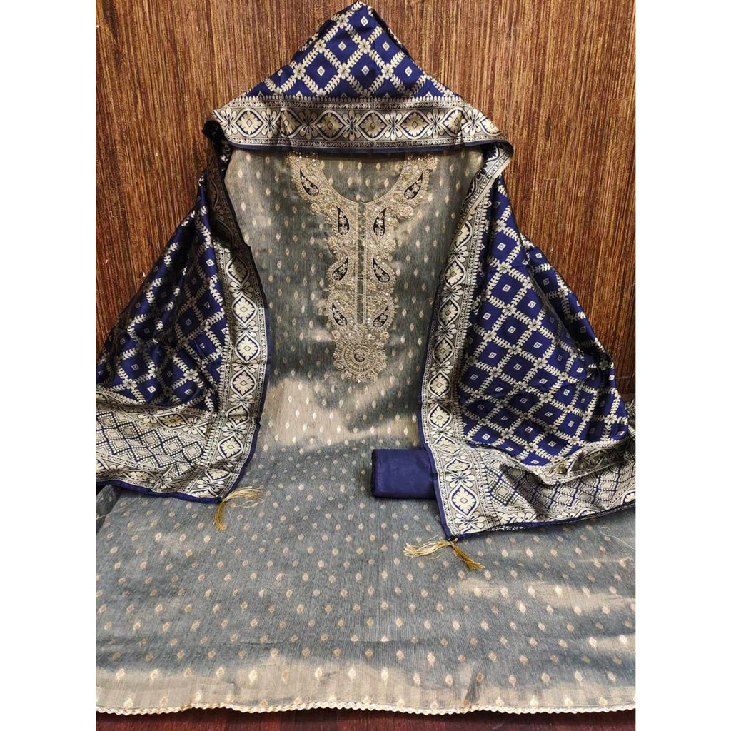 Grey Shimmer Jacquard Dress Material With Elegant Weaving & Cording Embroidery Work