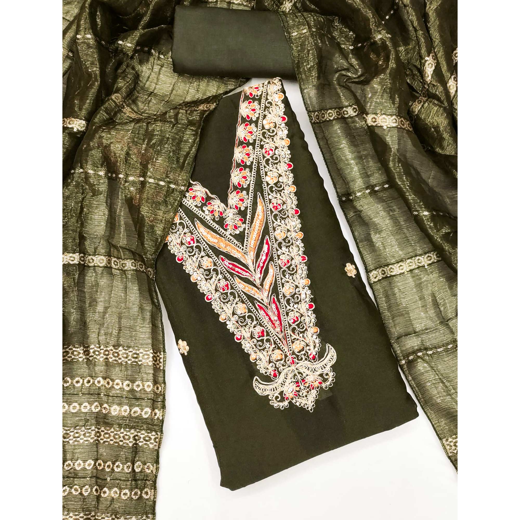 Mehendi Green Georgette Dress Material Embellished With Floral Cording Embroidery & Sequin Accents