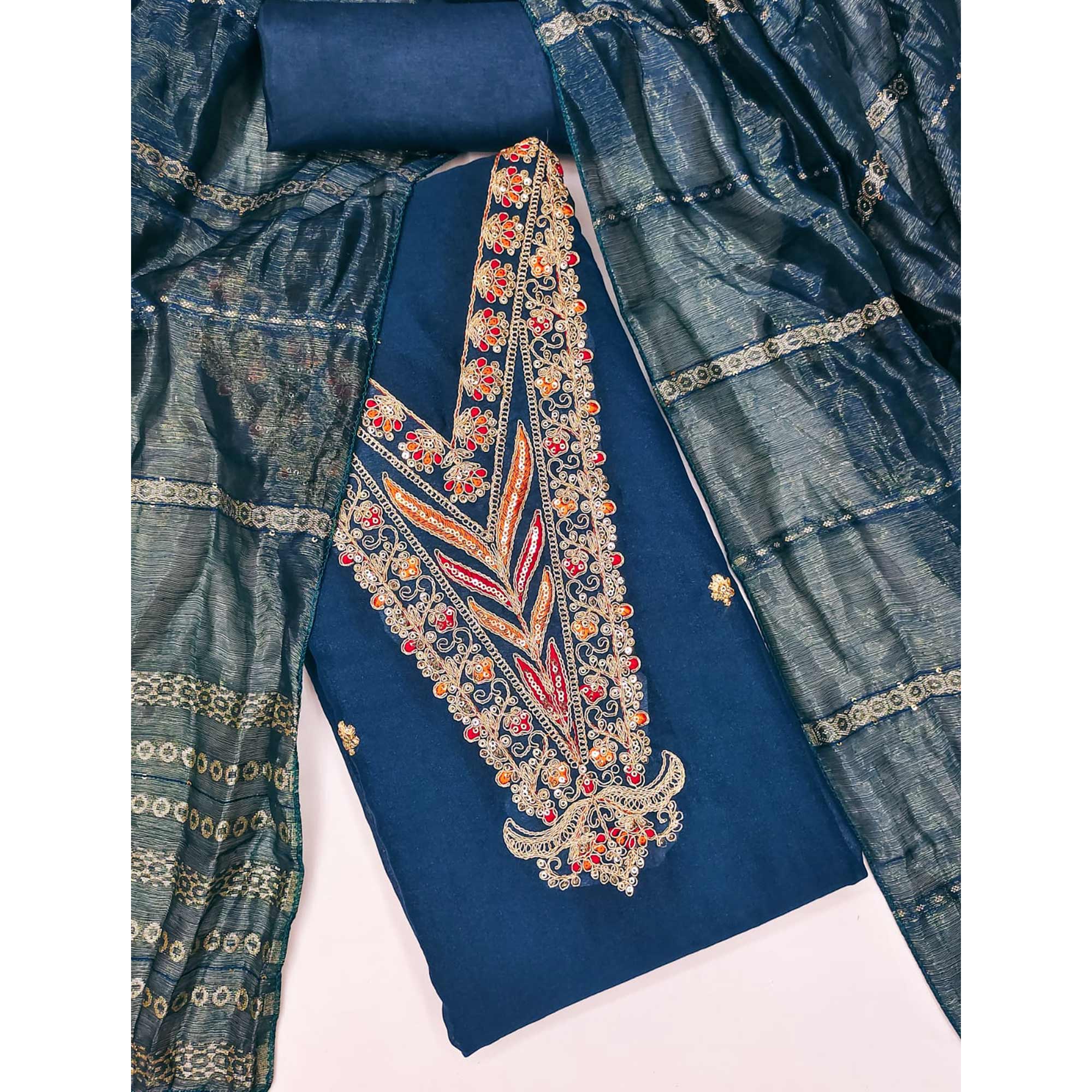 Morpich Blue Georgette Dress Material Embellished With Floral Cording Embroidery & Sequin Accents