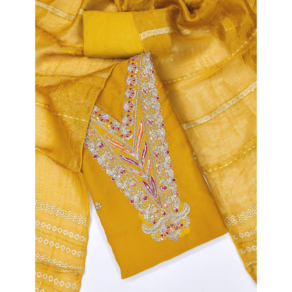 Mustard Georgette Dress Material Embellished With Floral Cording Embroidery & Sequin Accents