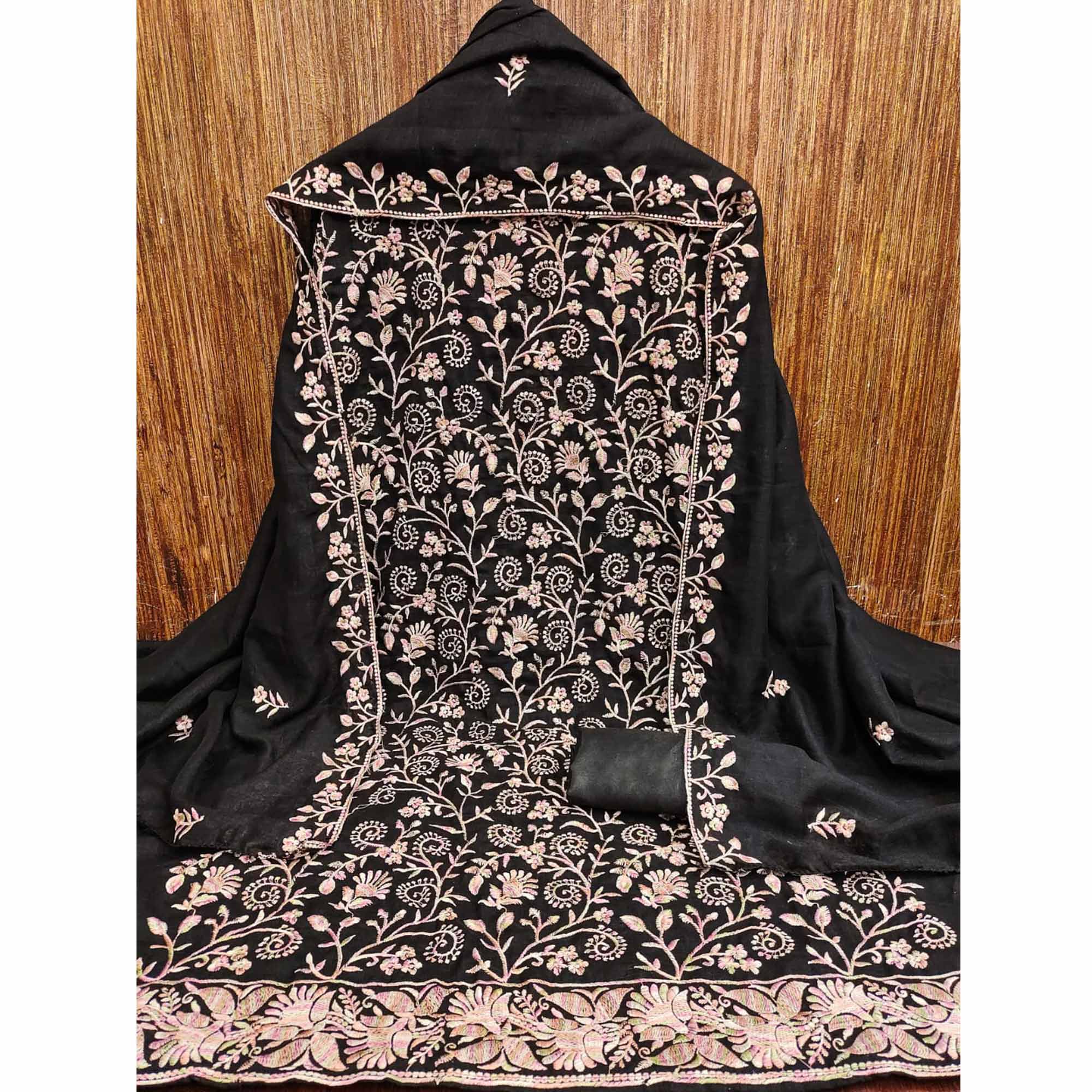 Black Vichitra Silk Dress Material With Elegant Floral Thread Embroidery