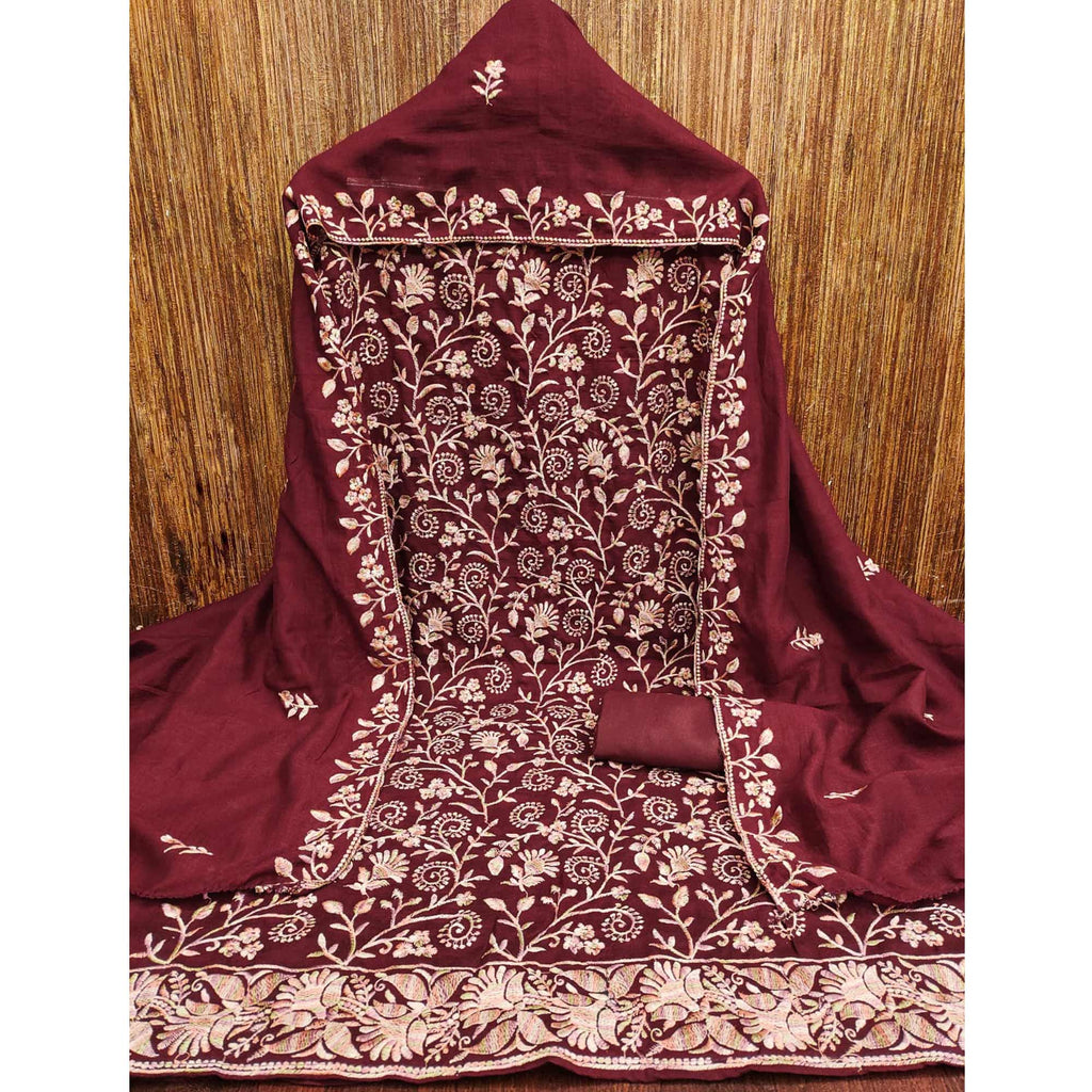 Maroon Vichitra Silk Dress Material With Elegant Floral Thread Embroidery