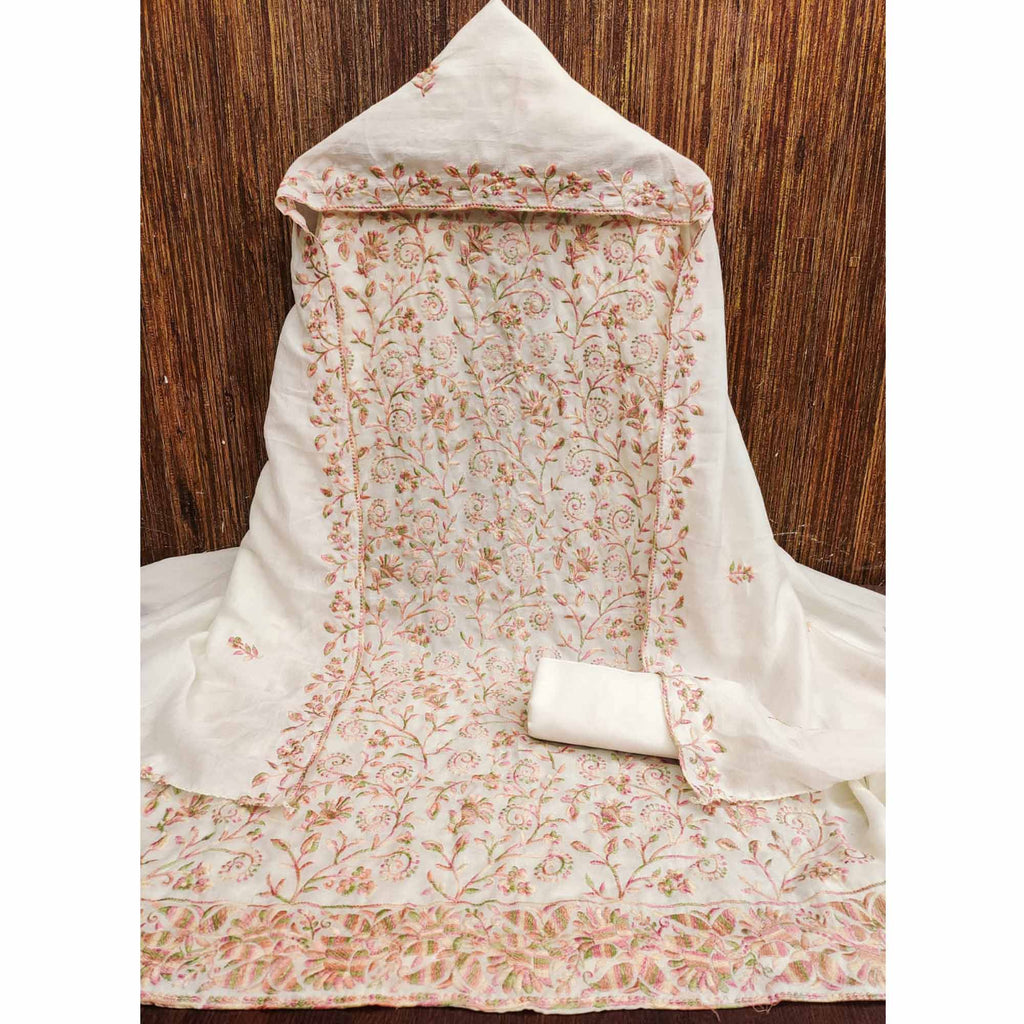 Offwhite Vichitra Silk Dress Material With Elegant Floral Thread Embroidery