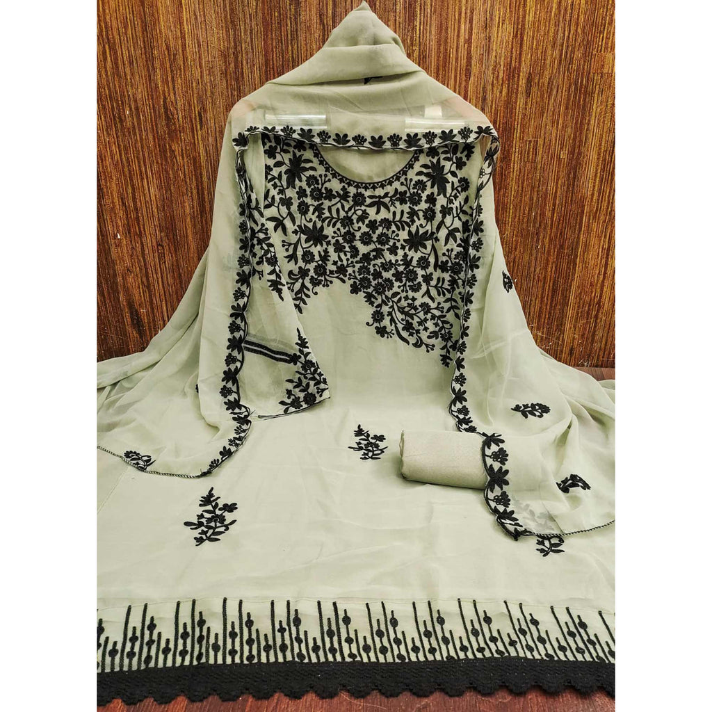 Light Green Georgette Dress Material Adorned With Delicate Floral Thread Embroidery