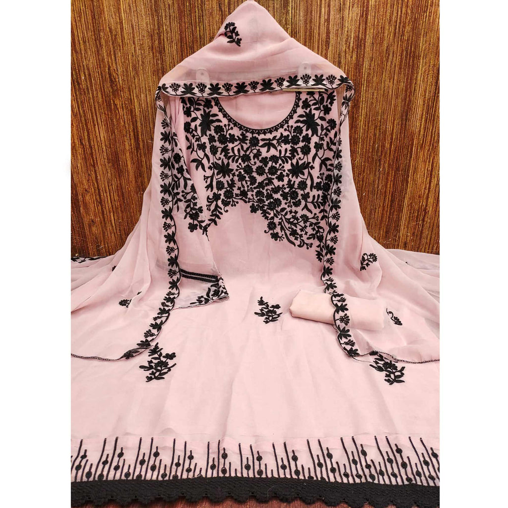Pink Georgette Dress Material Adorned With Delicate Floral Thread Embroidery