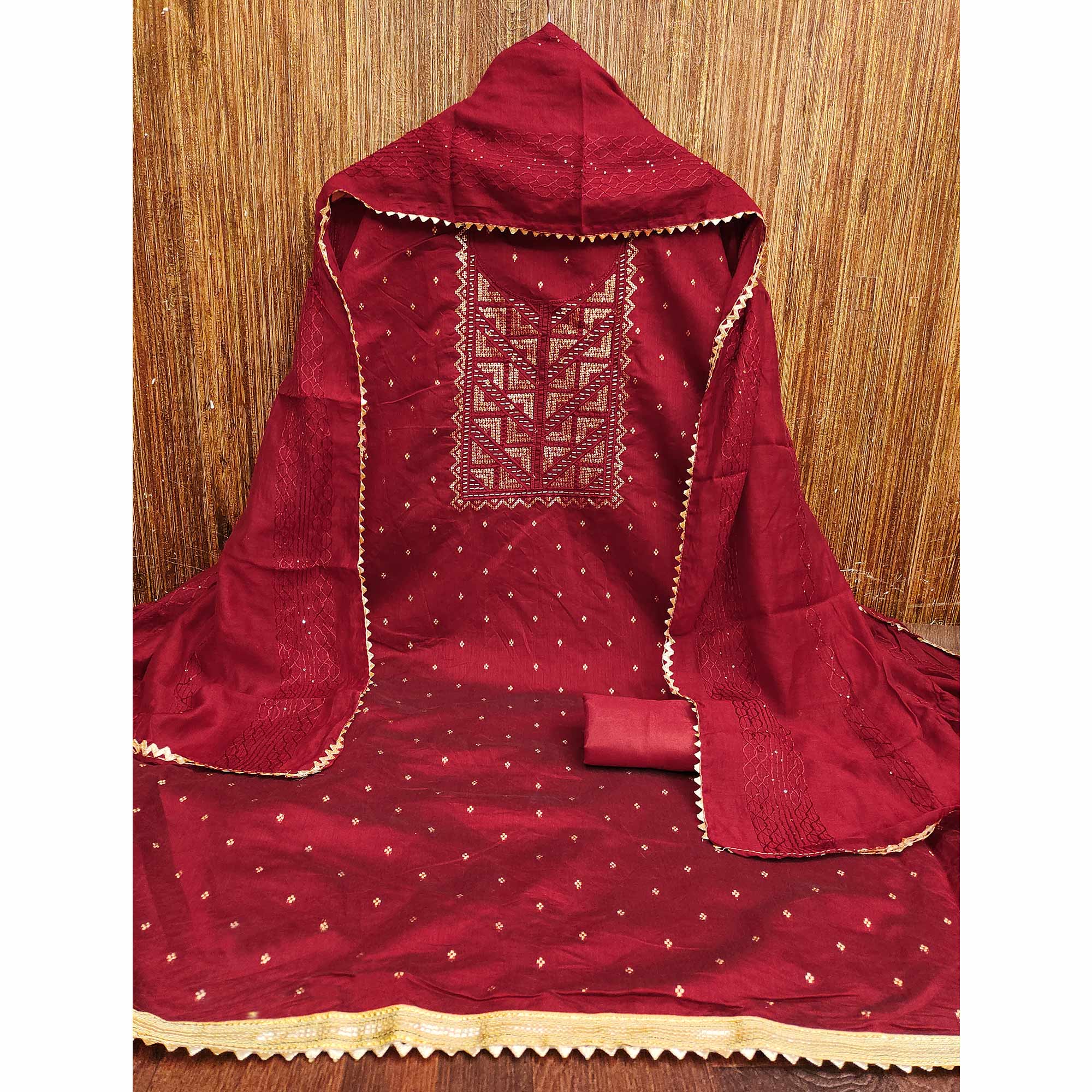 Maroon Sequins Embroidered Dress Material Crafted On Rich Chanderi Silk Jacquard