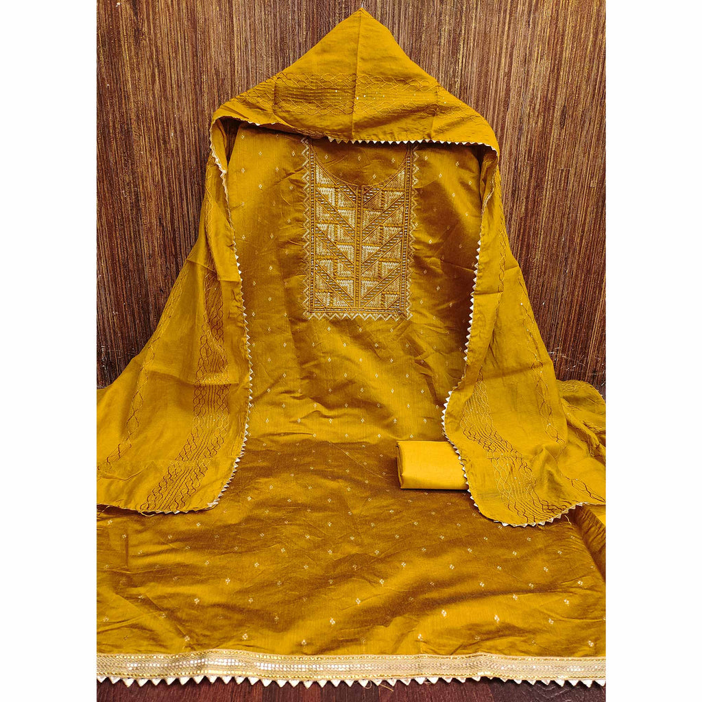 Mustard Sequins Embroidered Dress Material Crafted On Rich Chanderi Silk Jacquard