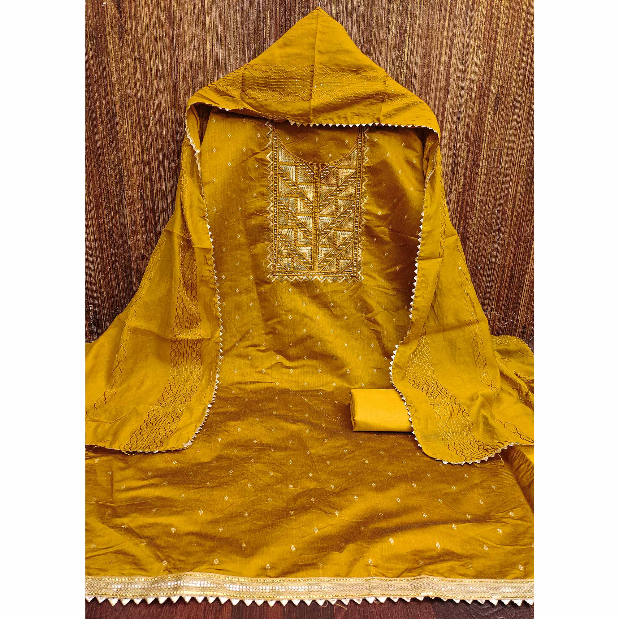 Mustard Sequins Embroidered Dress Material Crafted On Rich Chanderi Silk Jacquard