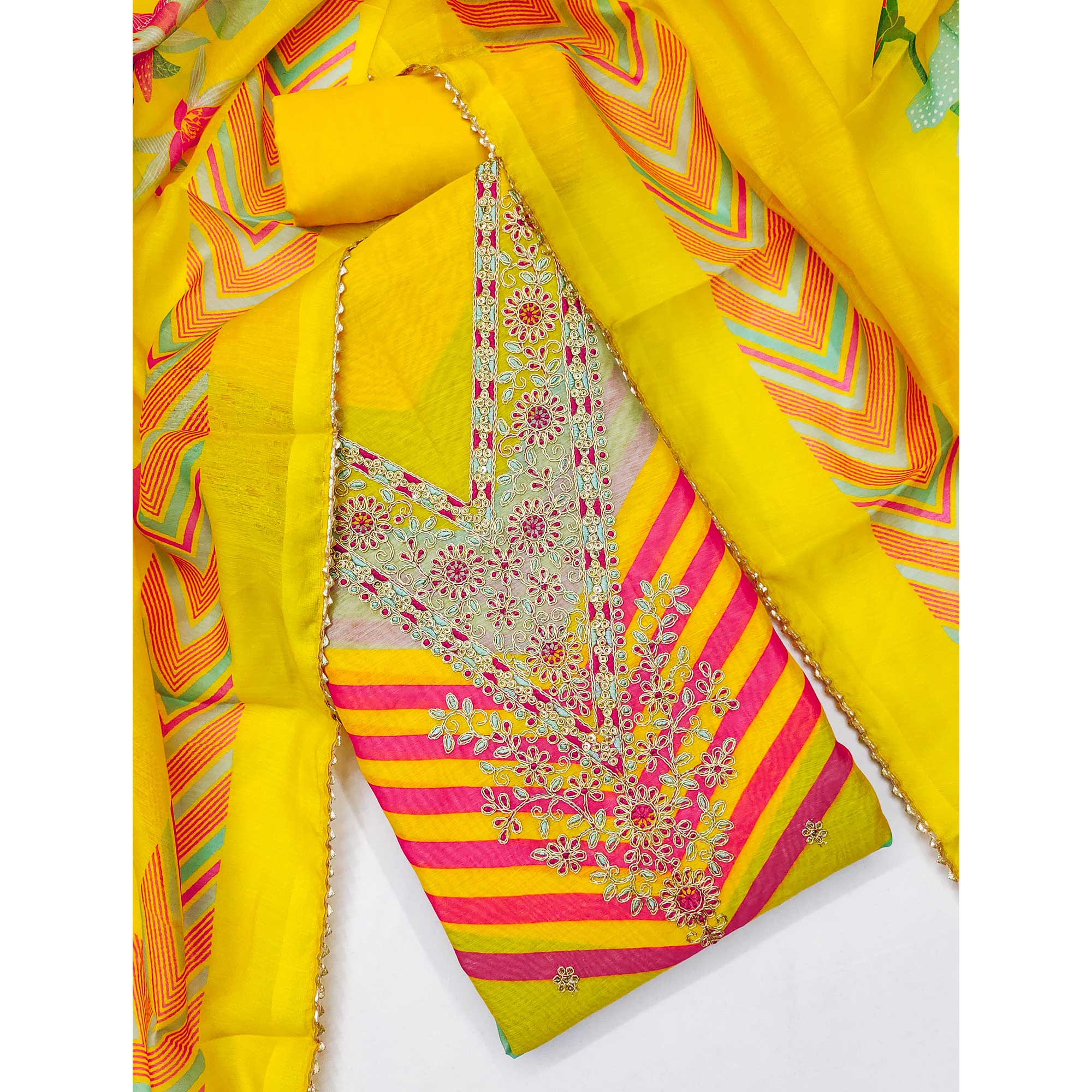 Designer Yellow Chanderi Silk Dress Material with Bold Prints and Rich Embroidery