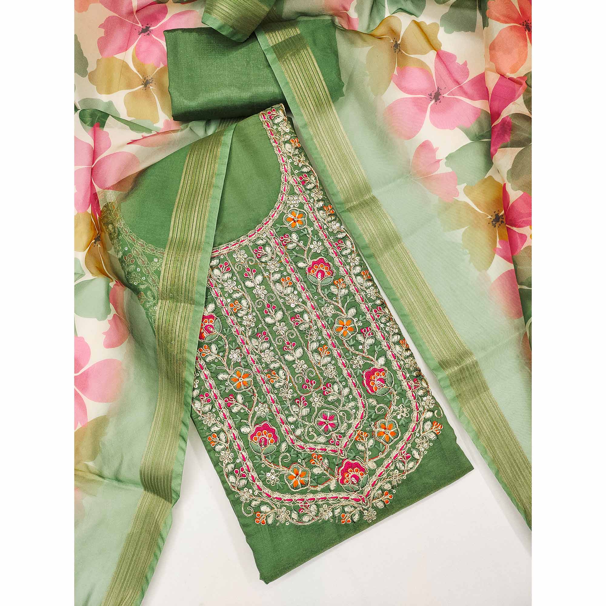 Green Chanderi Silk Unstitched Suit with Embroidered Detailing