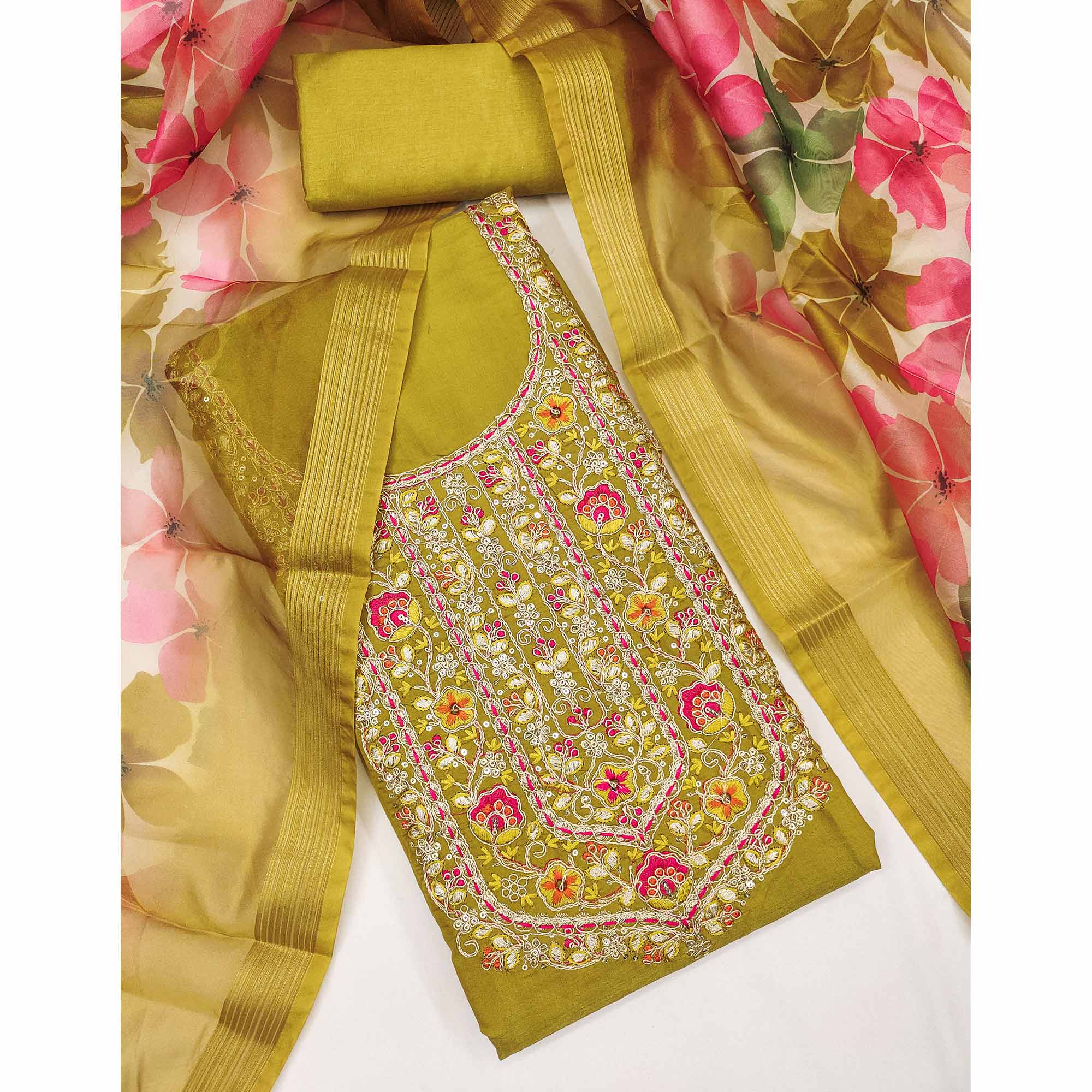 Mustard Chanderi Silk Unstitched Suit with Embroidered Detailing