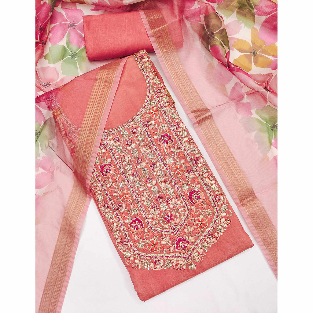 Peach Chanderi Silk Unstitched Suit with Embroidered Detailing