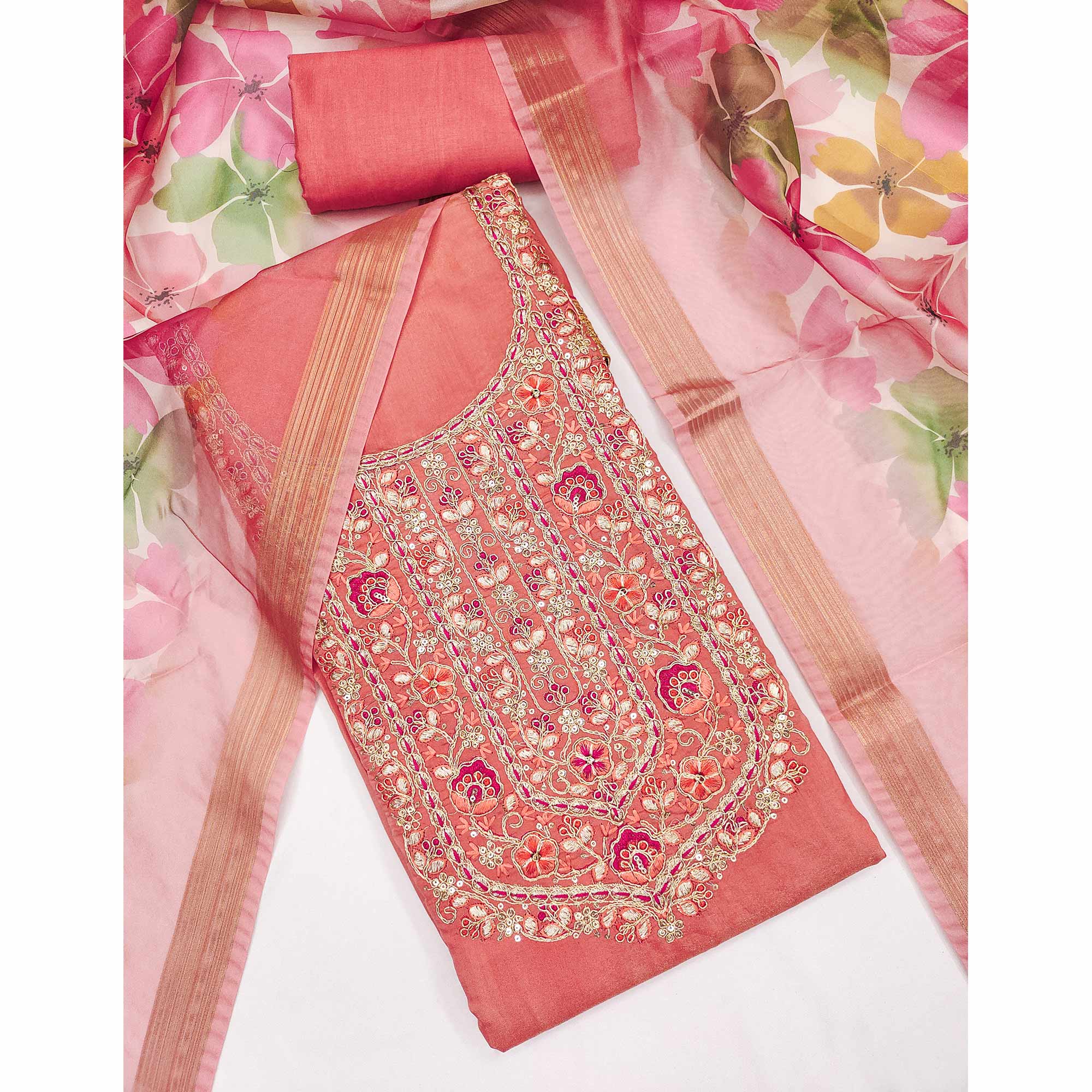 Peach Chanderi Silk Unstitched Suit with Embroidered Detailing