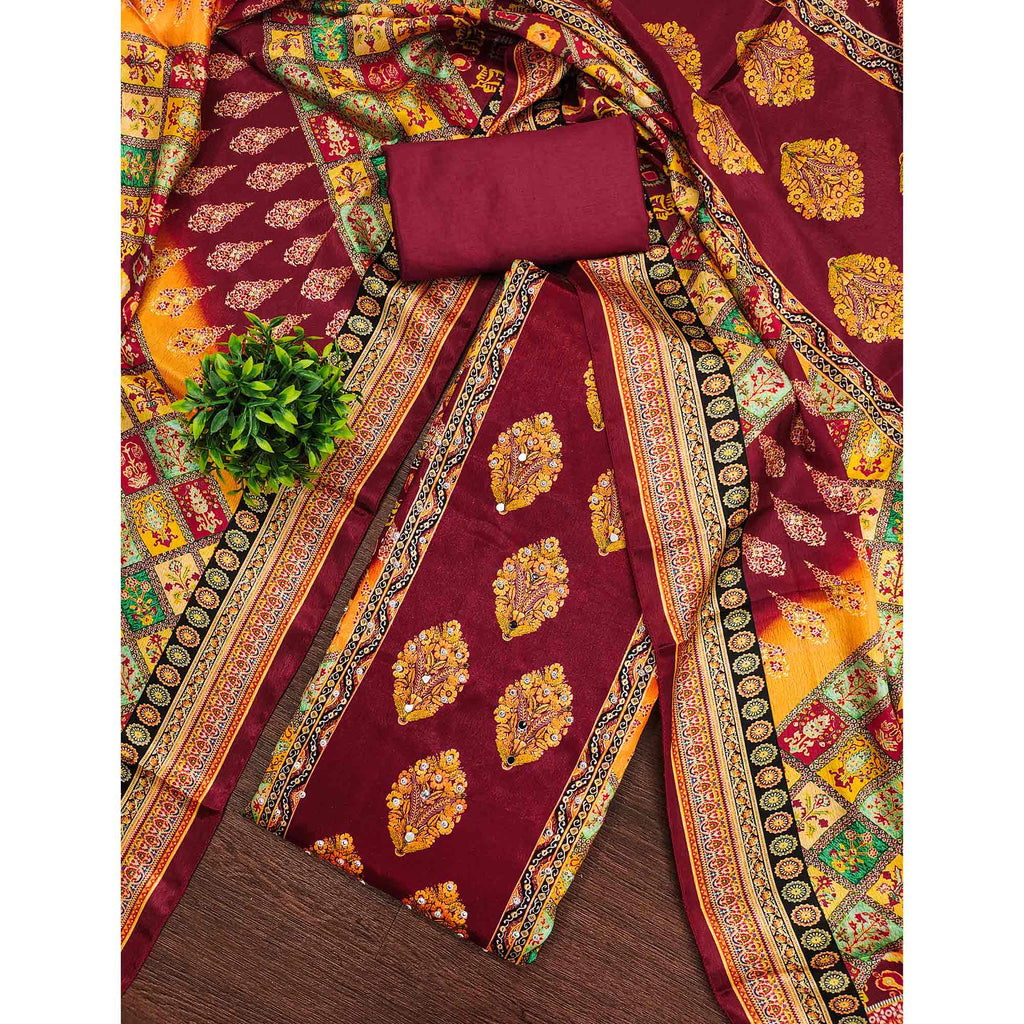 Maroon Chinon Dress Material With Reflective Mirror Work & Floral Prints