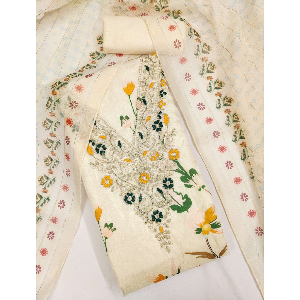 Cream Chanderi Silk Dress Material With Alluring Floral Digital Print & Delicate Cording Embroidery