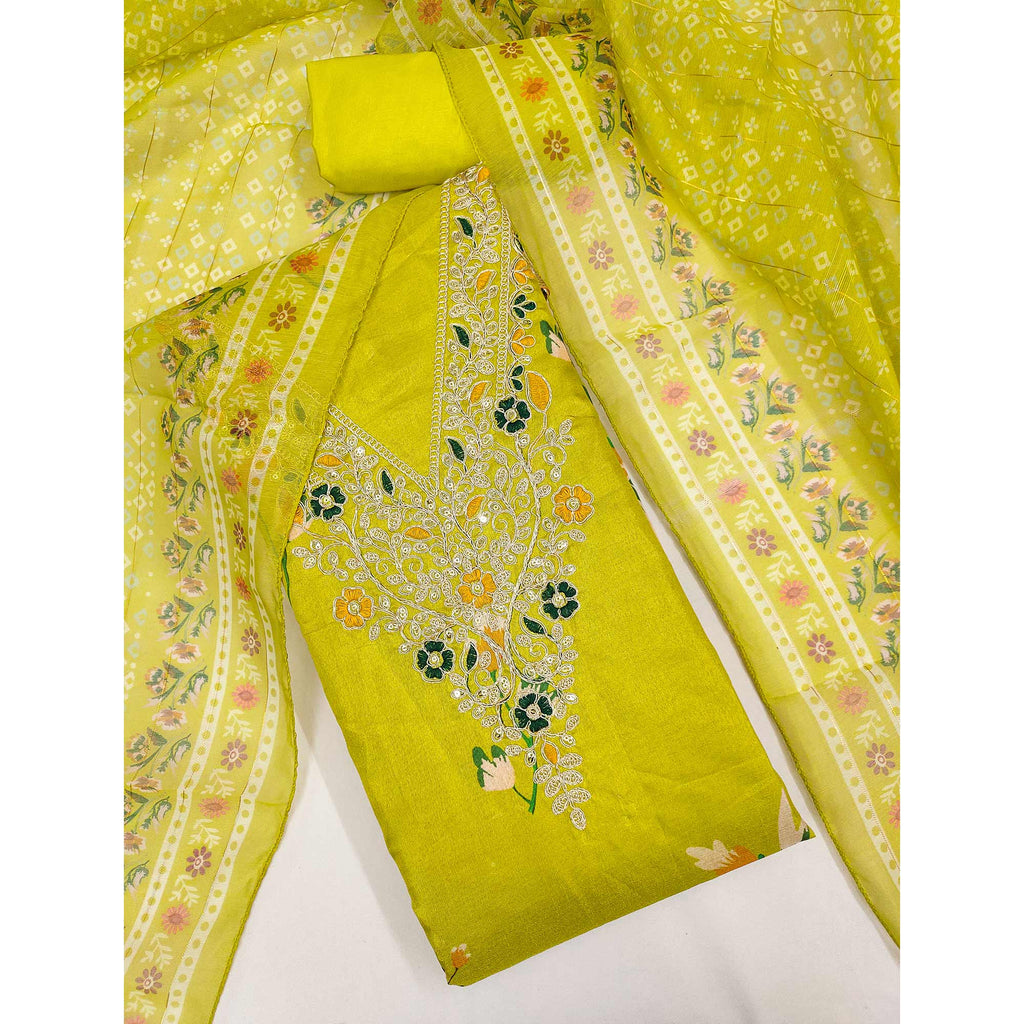 Green Chanderi Silk Dress Material With Alluring Floral Digital Print & Delicate Cording Embroidery