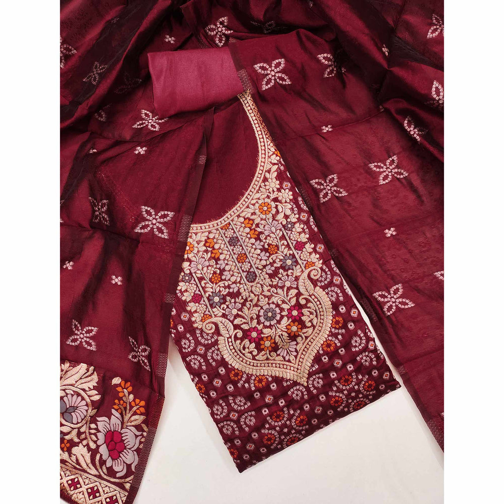 Maroon Banarasi Silk Jacquard Dress Material Adorned With Intricate Floral Zari Weaving