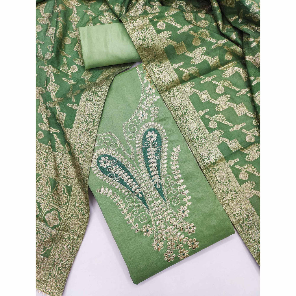 Green Vichitra Silk Dress Material Enhanced With Elegant Floral Sequins Cording Embroidery